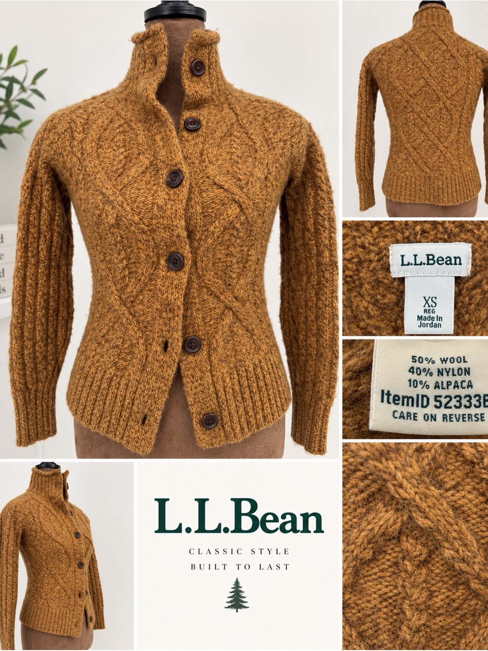 L.L.Bean Wool Alpaca Cable Knit Cardigan Sweater Brown XS
